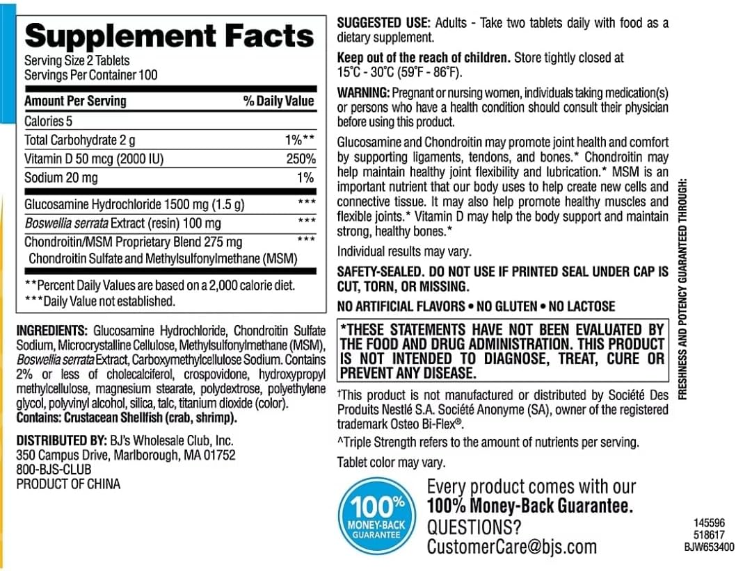 Berkley Jensen Glucosamine Chondroitin – Triple Strength Glucosamine Chondroitin Complex with MSM and D3 – Joint Supplement Tablets for Joint Support and Cartilages, NSF Certified, 200 Ct. (Pack of 1)