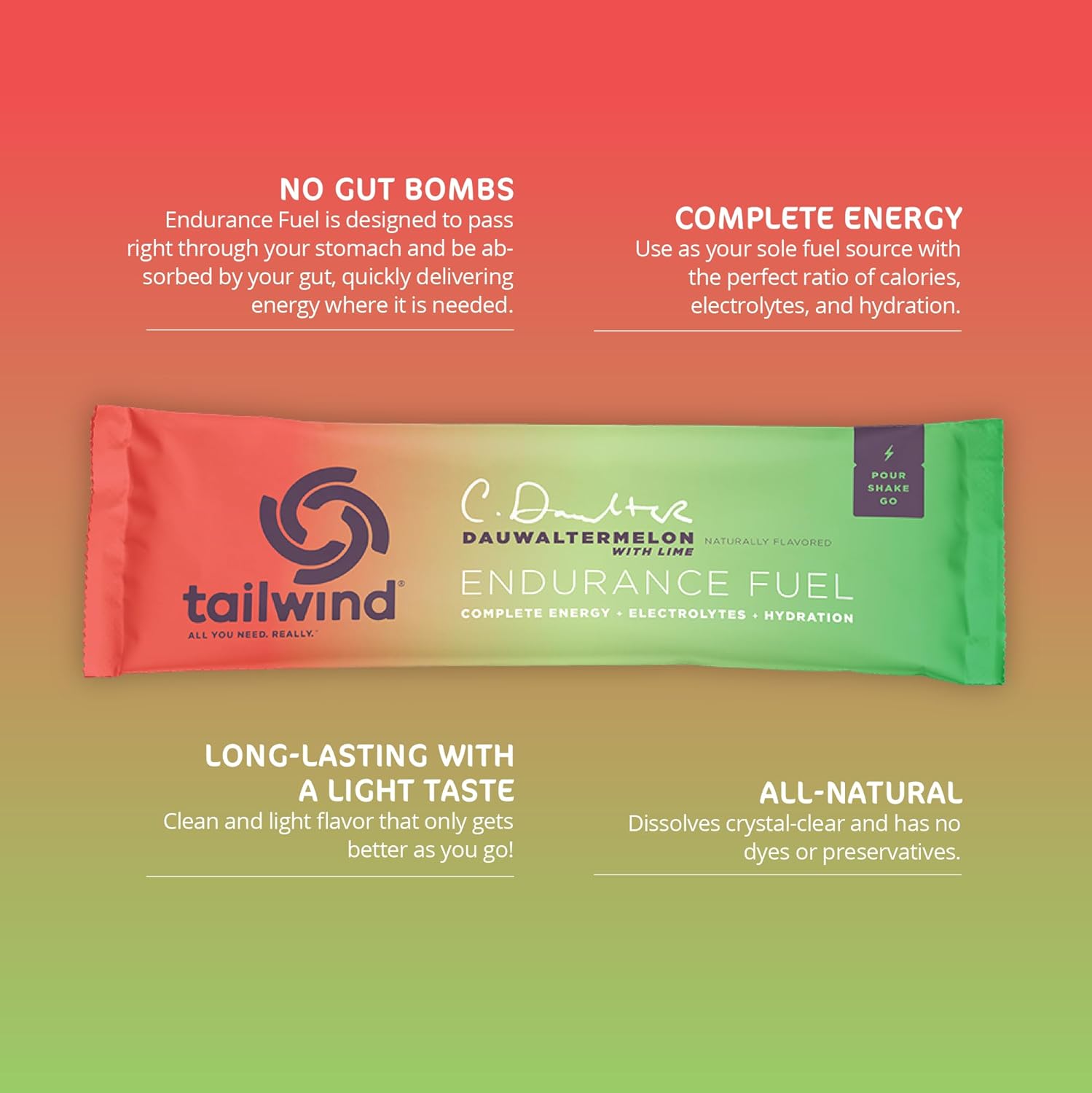 Tailwind Nutrition Endurance Fuel, Grab-and-Go Sports Drink Powder Mix with Electrolytes, Non-GMO, Free of Soy, Dairy, and Gluten, Vegan-Friendly, Dauwaltermelon, Pack of 12