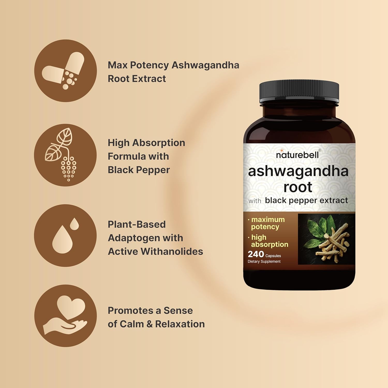 NatureBell Ashwagandha 12,500 mg Equivalent with Black Pepper, 240 Capsules | High Absorption Complex – Extra Strength 25:1 Root Extract – Adaptogens Supplements for Relaxation – Non-GMO