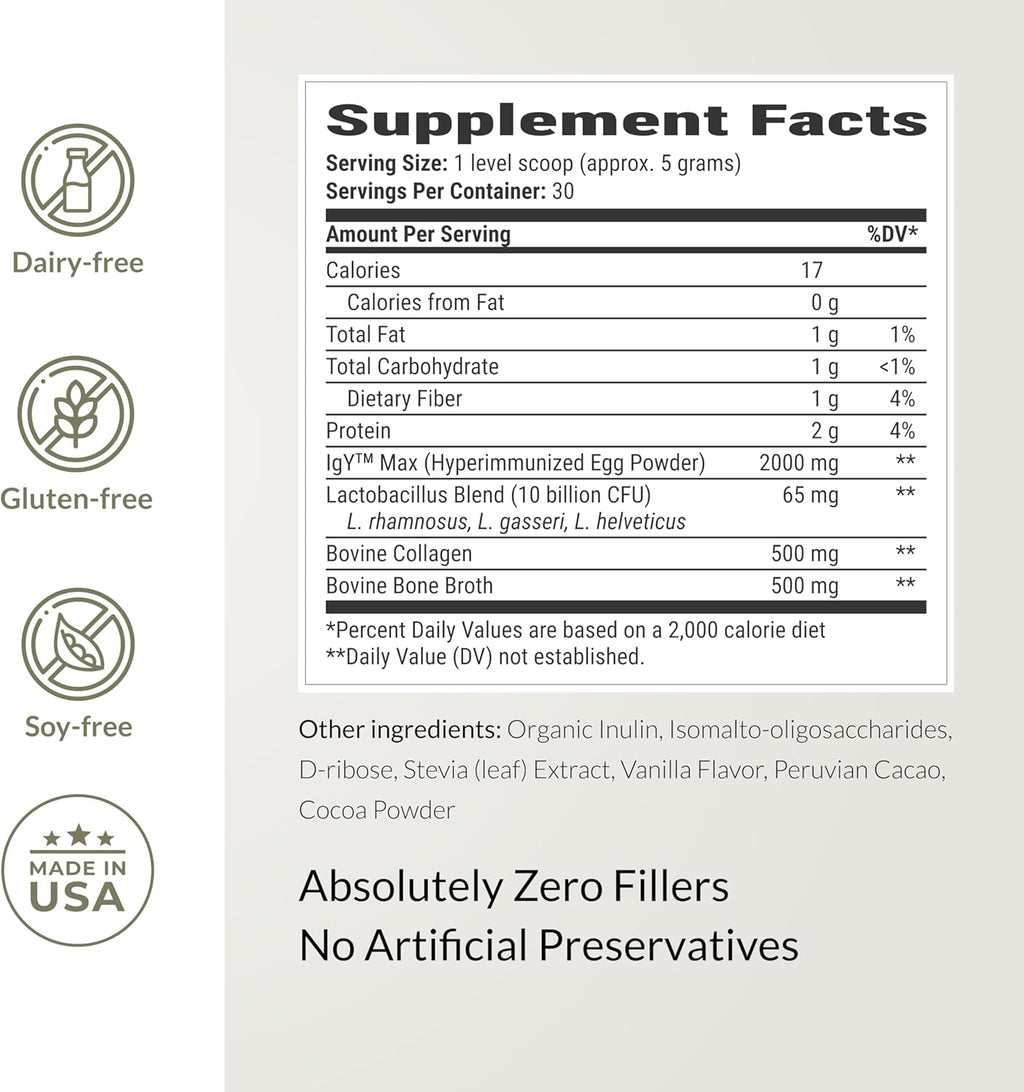 Microbiome Breakthrough Repair Powder - Chocolate Flavor - Has Lactobacillus Strains, Bone Broth & Collagen - Source of L-Glutamine - Gas & Bloating Relief - Improves Gut Health - 30 Servings - 150g