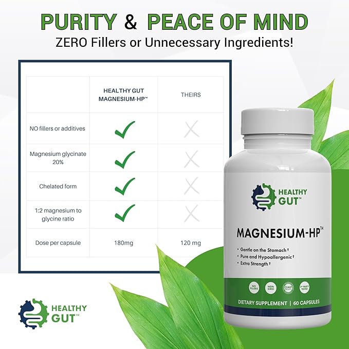 Healthy Gut Magnesium-HP | Ultra Pure Glycinate with Zero Fillers | 180 mg Magnesium Glycinate | 60 Servings