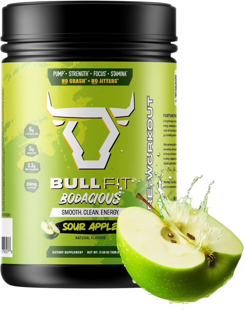 BULLFIT Pre Workout Powder, Support for Men & Women, L Citrulline, Creatine, Beta Alanine & Electrolytes, Powdered Drink Mix with No Sucralose & Zero Sugar, 20 Srvgs (20 SRV, Sour Apple)