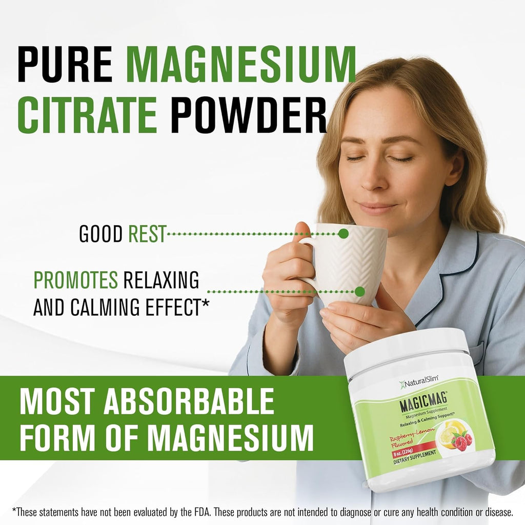 NaturalSlim Magicmag Pure Magnesium Citrate Powder Stress, Constipation, Muscle, Heart Health, and Sleep Support | Raspberry Lemon Magnesium Supplement - 8oz Drink Mix (Solo)