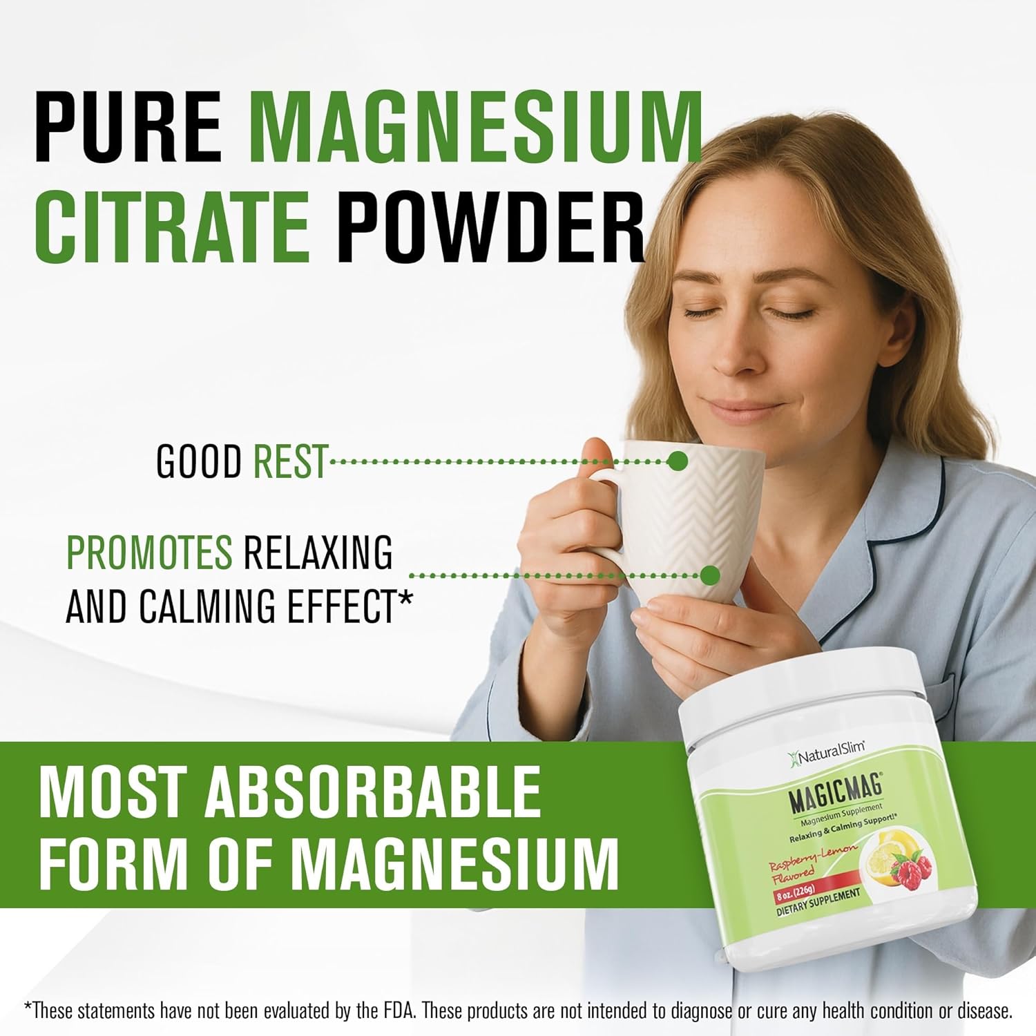 NaturalSlim Magicmag Pure Magnesium Citrate Powder Stress, Constipation, Muscle, Heart Health, and Sleep Support | Raspberry Lemon Magnesium Supplement - 8oz Drink Mix (Solo)
