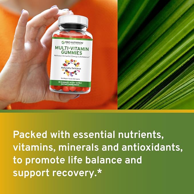 TRIO NUTRITION Daily Multivitamin Gummies for Men & Women - Natural Fruit Flavor with Essential Vitamins A, B, C, D, E & Zinc - No Major Allergens Immune Support & Energy Boost Supplement