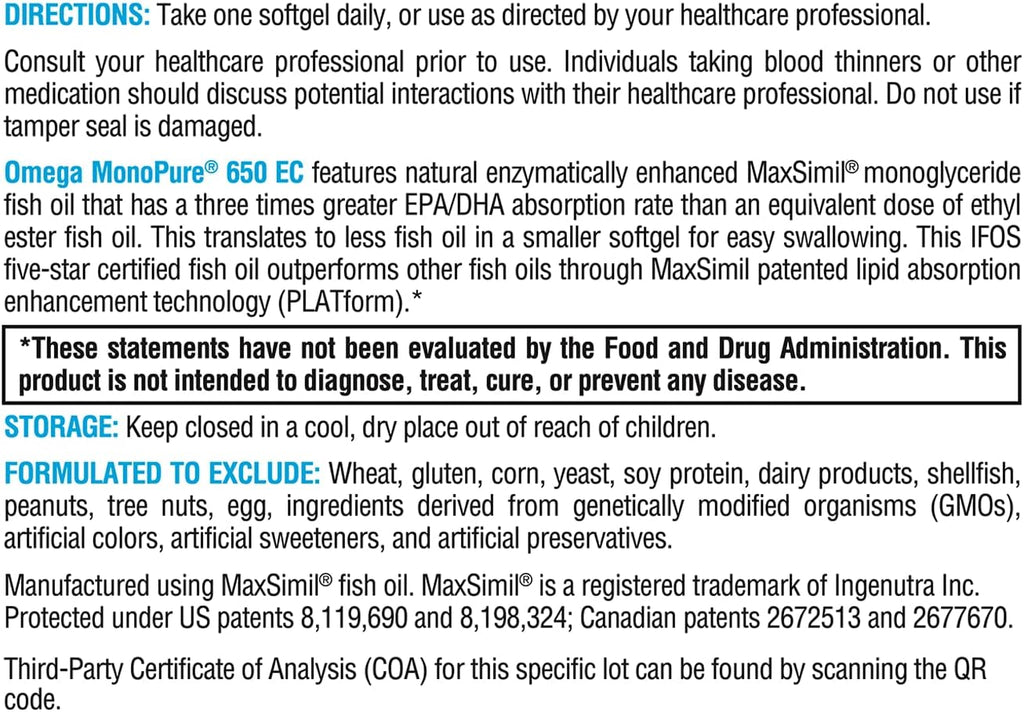 XYMOGEN Omega MonoPure 650 EC - Omega-3 Fish Oil Supplements for Women & Men - with EPA, DHA & DPA - Smaller Softgels with 3X Greater Absorption - Support a Healthy Heart & Cognition (60 Softgels)