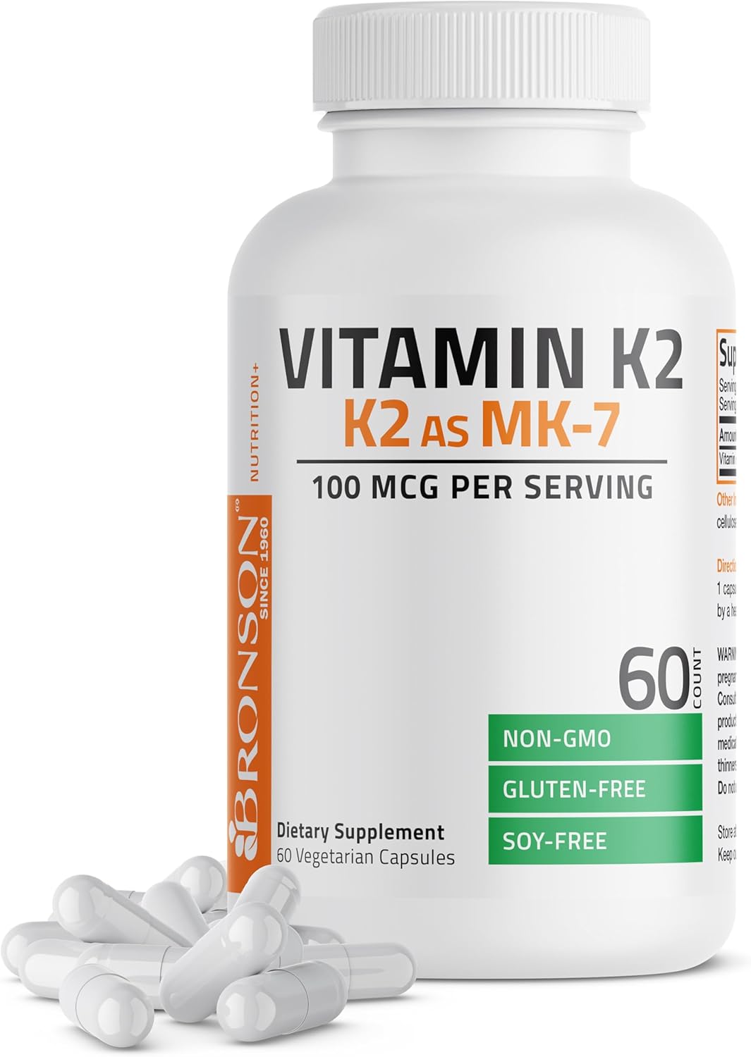 Bronson Vitamin K2 as MK-7 Menaquinone 100 mcg Non-GMO, 60 Capsules