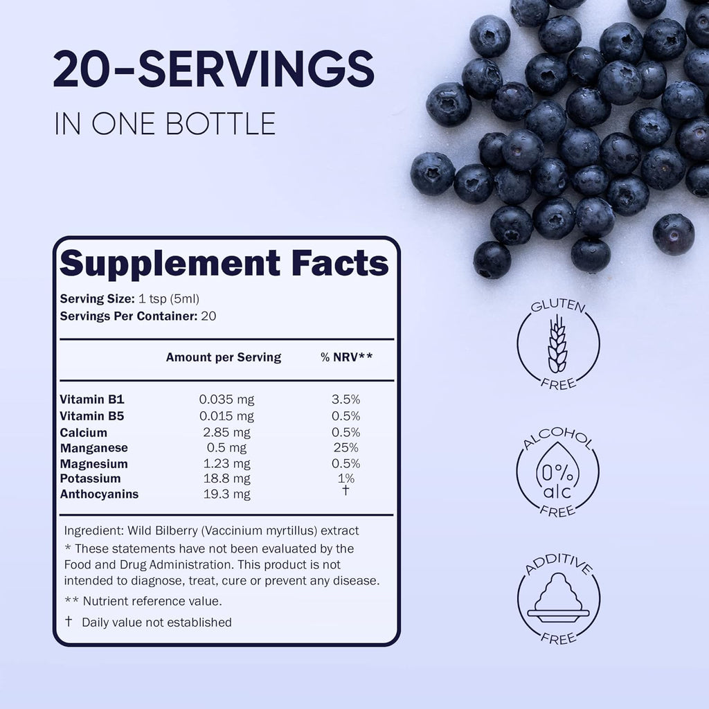 Wild Bilberry Extract for Eyes USDA Organic 3.4oz Bottle of Liquid Bilberry Anthocyanin Alcohol-Free European Blueberry Bilberry Supplement for Eyes High Bioavailability Liquid Extract