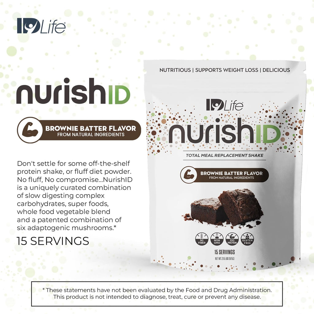 IDLife Brownie Batter NurishID Meal Replacement Shake - with Slow-Digesting Carbs, Superfoods, Vegetable Blend and Adaptogenic Mushrooms - 15 Servings