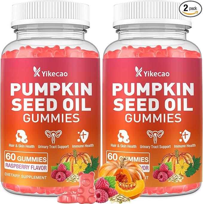 2 Pack Pumpkin Seed Oil Gummies, Pumpkin Seed Oil Supplement with Saw Palmetto for Hair Growth, Youthful Skin & Prostate Health, Non-GMO, Gluten Free, Vegan, Sugar Free, Raspberry Flavor, 120 Count