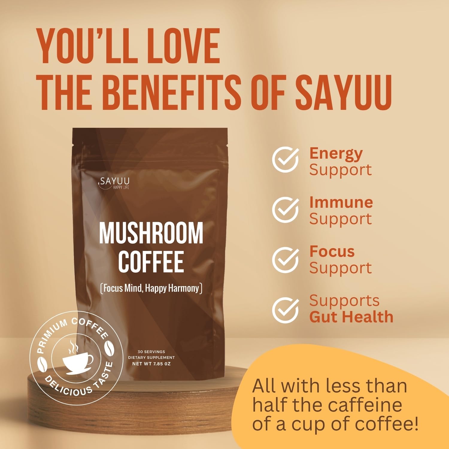 SAYUU Mushroom Coffee Blend – Focus, Energy & Harmony – Vegan, Functional Mushrooms, Cordyceps, Lion’s Mane & Reishi –Dietary Supplement - 30 Servings