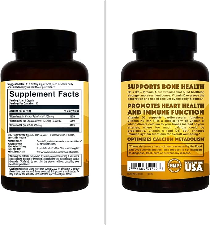 Natural Rhythm Triple Calm Magnesium 150 mg - 120 Capsules – Magnesium Complex Compound Supplement W/Natural Rhythm Vitamin D3 + K2 (MK7) Plus Vitamin A, for Bone, Heart, & Immune Health, 30 Capsules