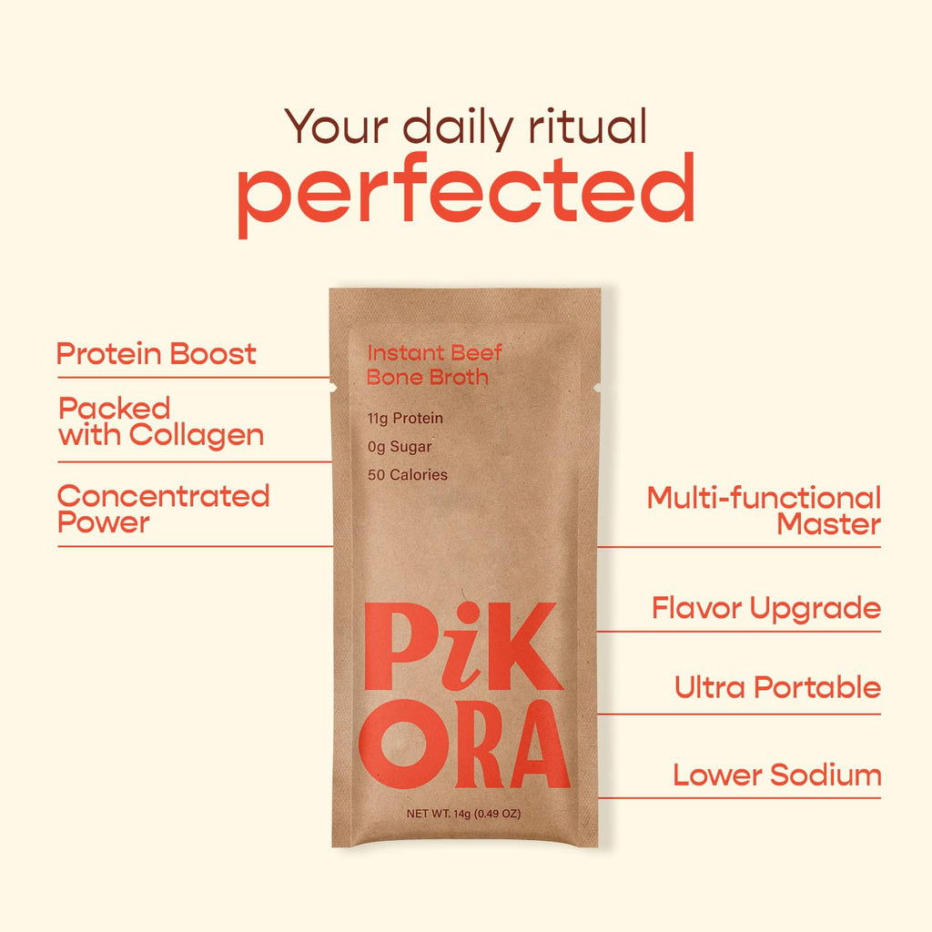 Pikora Beef Bone Broth Instant Powdered Mix (3 Pack, 12 Servings) | High-Protein, Gluten-Free, Collagen-Rich, No Sugar, Keto & Paleo Friendly | 11g Protein, 50 Calories per Serving
