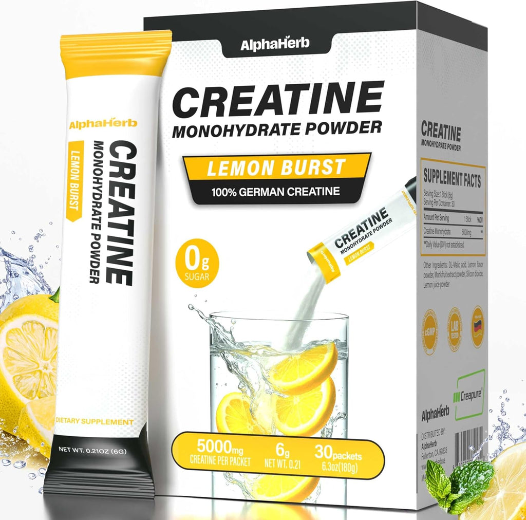 Creatine Monohydrate Powder – Creapure® German-Sourced, Lemon Flavour, 30 Stick Creatine Packs, 5000mg Each | No Sugar, No Fillers, Gluten-Free