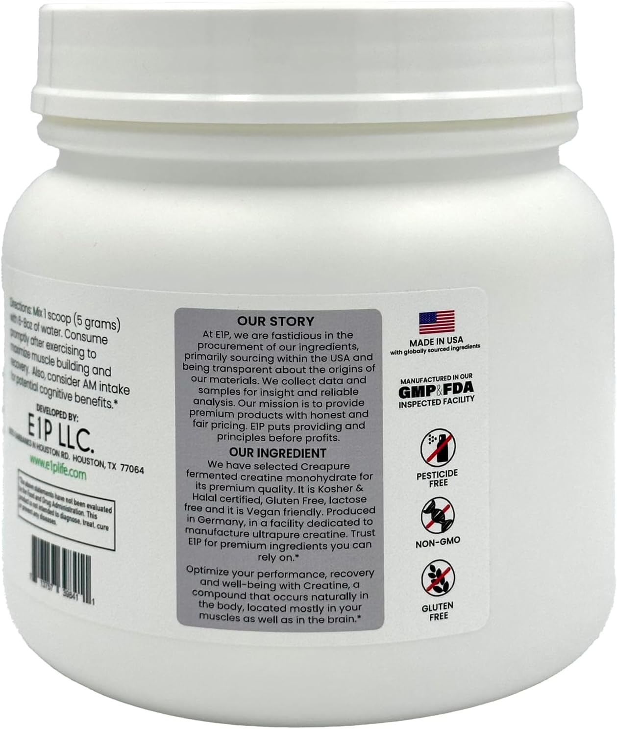 Creapure Creatine Monohydrate 600grams (120 Servings) Unflavored, Non-GMO, Vegan Fermented, Third-Party Lab Tested. Made with Halal and Kosher Certified Ingredients.
