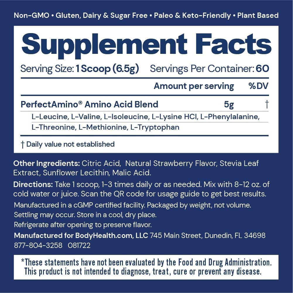 BodyHealth PerfectAmino Powder - BCAA and EAA Powder for Pre and Post Workout - Amino Acid Energy Drink for Men and Women to Support Lean Muscle and Recovery - Strawberry - 60 Servings