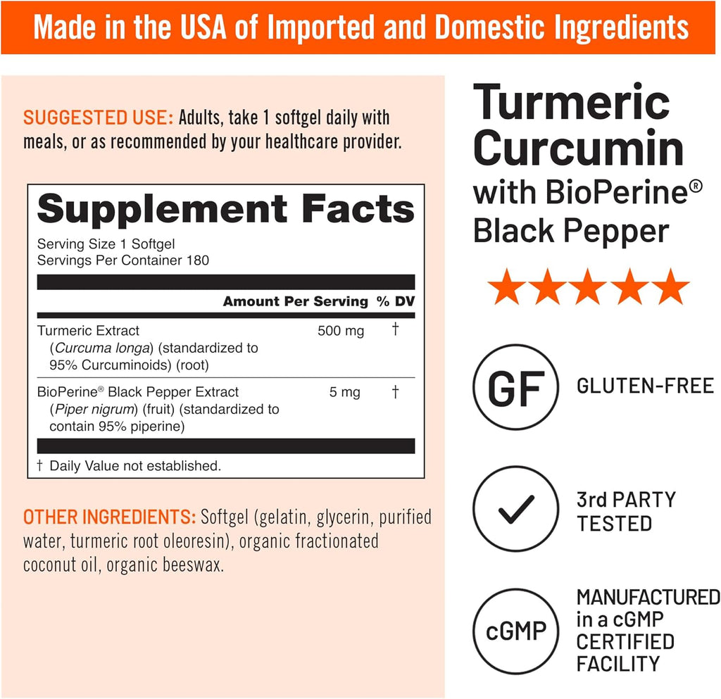NatureWise Turmeric Curcumin 500mg with Black Pepper Softgels - Extra Strength, Enhanced Absorption - 95% Curcuminoids & BioPerine for Immune Support - Gluten-Free, Non-GMO - 180 Count[6-Month Supply]