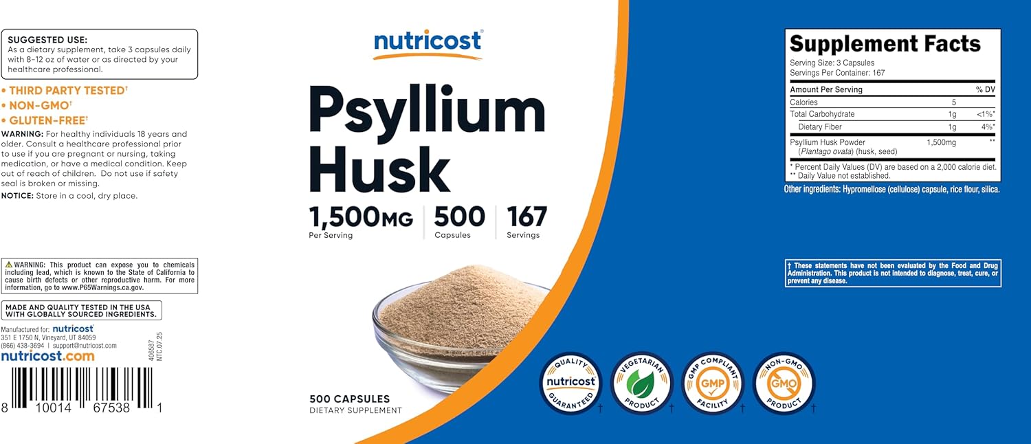 Nutricost Psyllium Husk 1500mg Per Serving, 500 Capsules - Non-GMO & Gluten Free