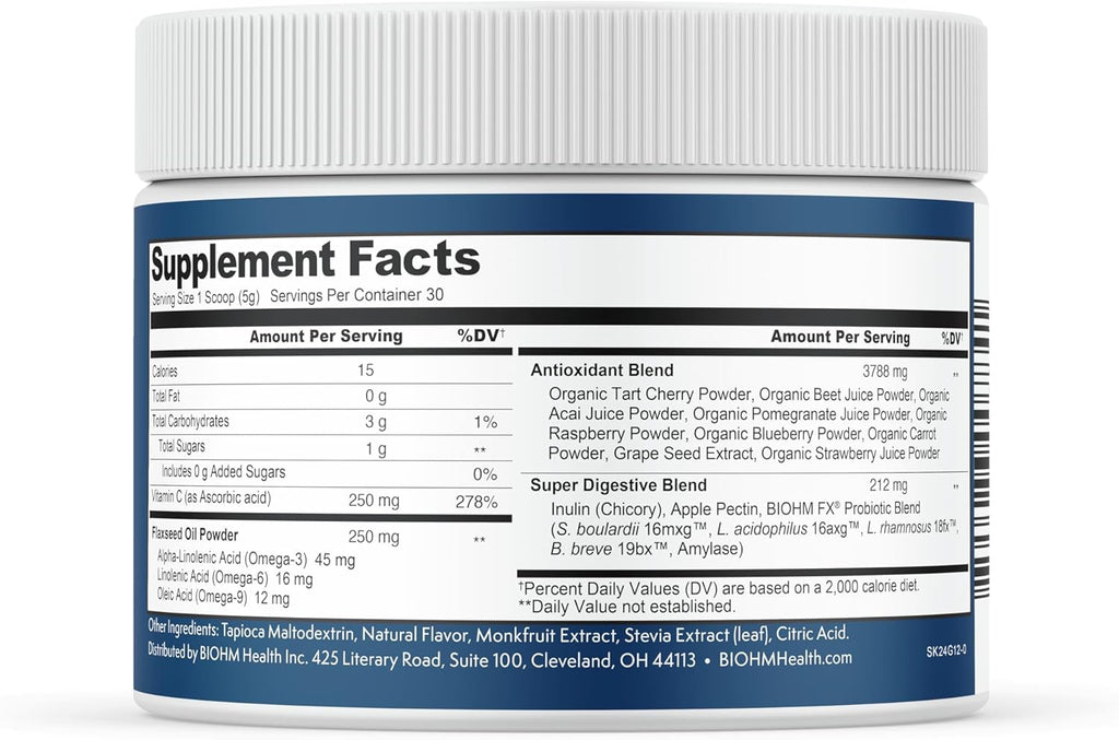 BIOHM Super Kids Superfood Powder Plus Probiotics, (5.3 Oz, 30 Servings) Delicious Berry Blast, Antioxidants, Omega 3 & Vitamin C, Non-GMO, Dairy Free, No Artificial Ingredients, Vegetarian, Ages 4+