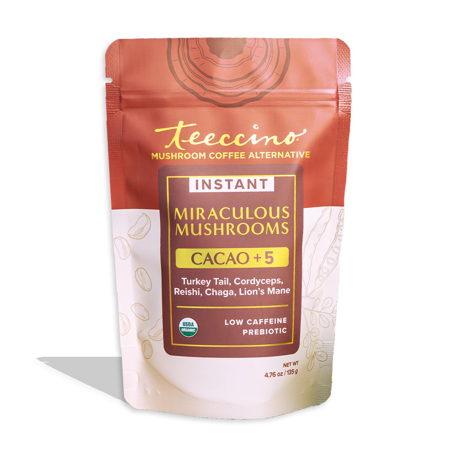 Miraculous Mushrooms Instant Cacao+5 Coffee Alternative by Teeccino – 15 servings - 5 Organic Adaptogenic Mushrooms with Cacao - Reishi, Lion’s Mane, Chaga, Turkey Tail, Cordyceps - Caffeine Free, Prebiotic - 4.7 ounces