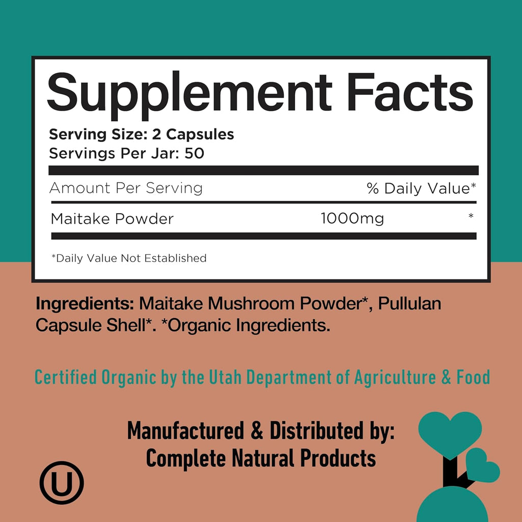 Complete Natural Products Organic Maitake Mushroom Capsules - 100ct, Immune Strength, Vegan, Non-GMO, Gluten Free