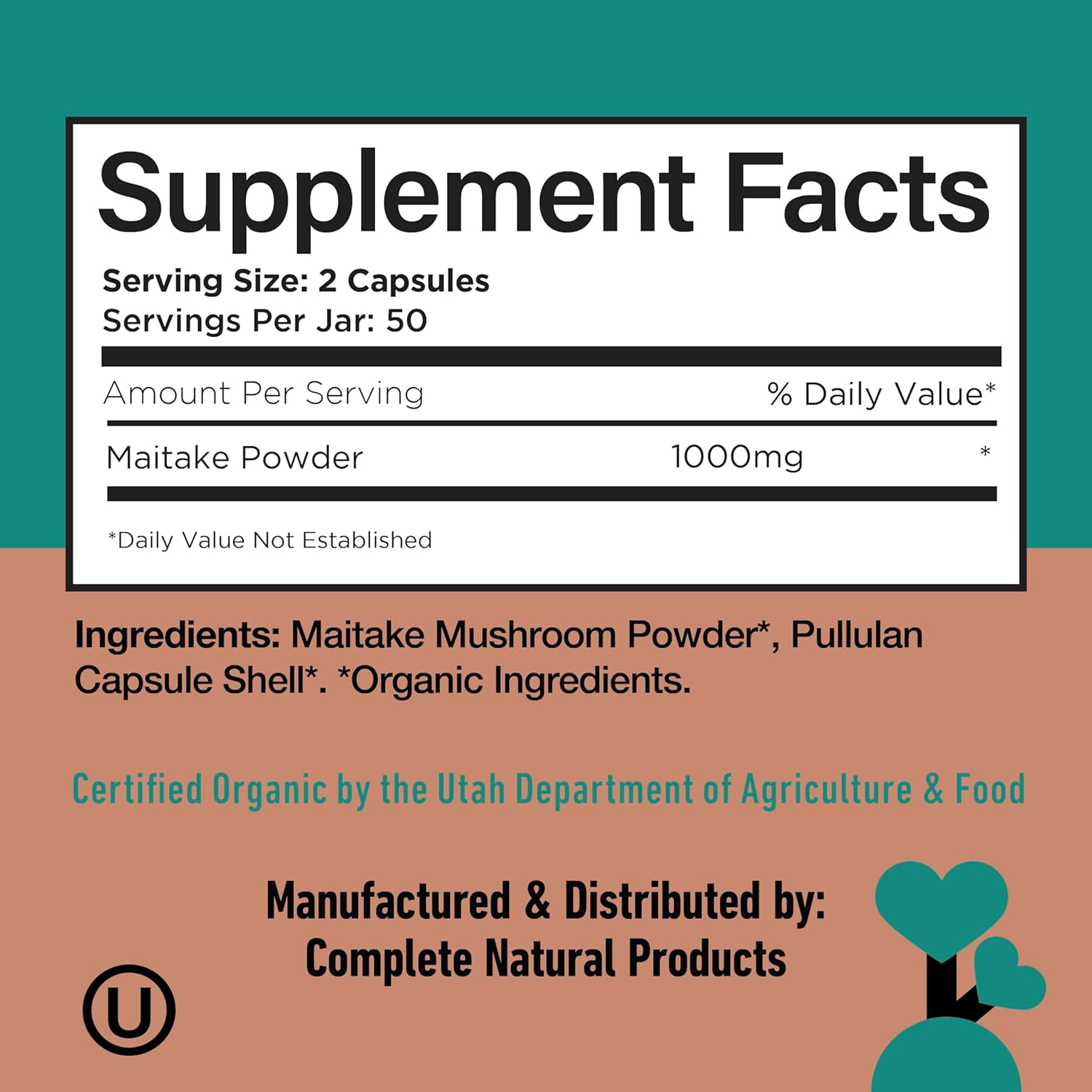 Complete Natural Products Organic Maitake Mushroom Capsules - 100ct, Immune Strength, Vegan, Non-GMO, Gluten Free