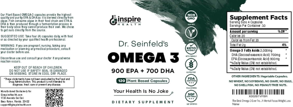The Very Best Vegan Omega 3 Supplement - 120 Capsules - Algae Omega 3 Vegetarian Supplement - Plant Based Fish Oil Alternative - EPA DHA Supplement - Made in The USA - Heart Stress Relief Dr. Seinfeld