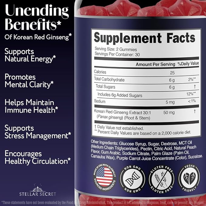 Korean Red Ginseng 1500mg Gummies - Ginseng Supplement for Energy, Immune System Support, Panax Ginseng for Memory Function, Blood Circulation, Peach Flavor, 60 Count