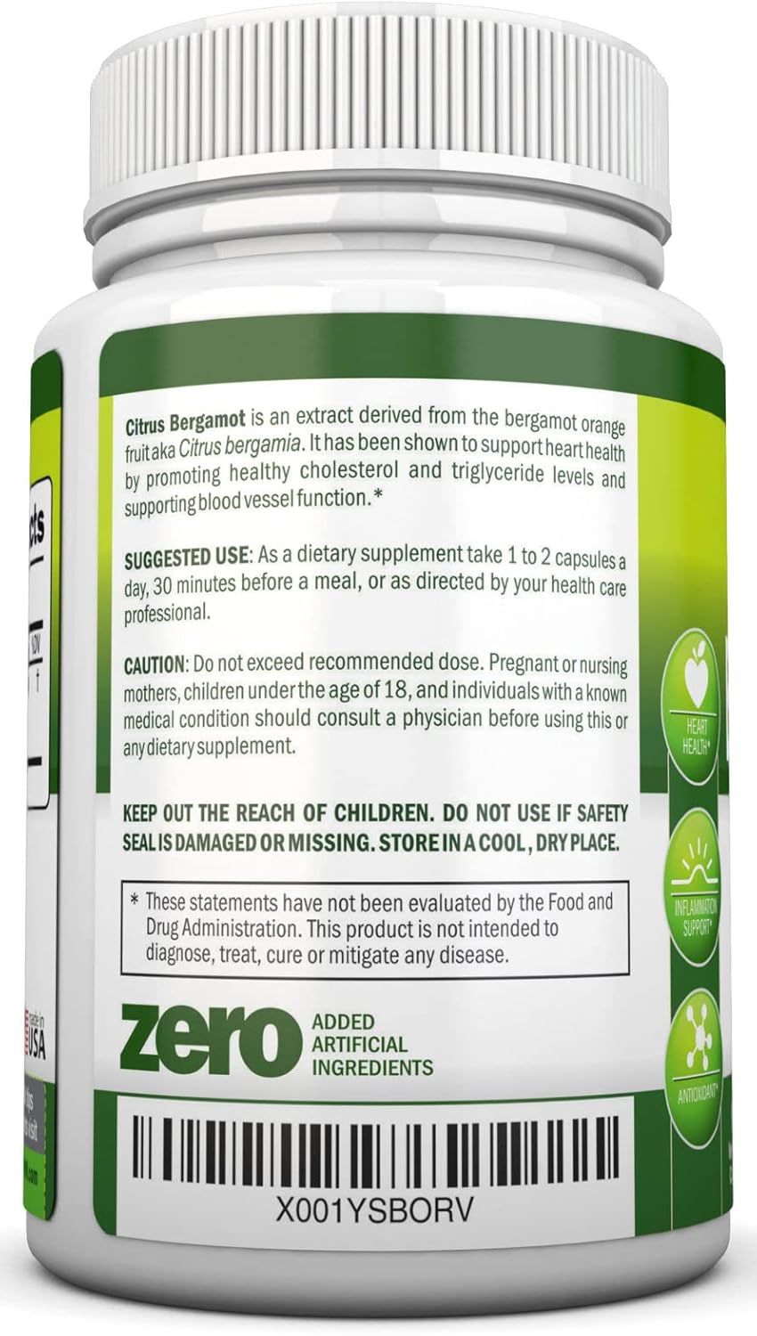 Citrus Bergamot - 500 mg - 90 Vegetarian Capsules - 38% Polyphenols - Natural Premium Quality Citrus Bergamot Extract - Promotes Healthy Triglyceride Levels