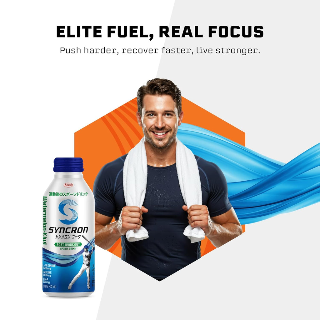 Syncron Post Workout Sports Drink Endorsed by Shohei Ohtani, Sugar Free Electrolyte Hydration, Aluminum Bottled Drink, Taurine, L Arginine & BCAAs for Athletes, Watermelon Kiwi, 6 Pack, 16 oz