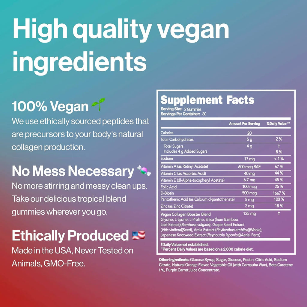 Vegan Beauty Support Gummies Collagen Booster with Biotin, Vitamin C, A, E, Folic Acid, and More - 60 Gummies - Plastic-Free Tin - Made with Natural Ingredients