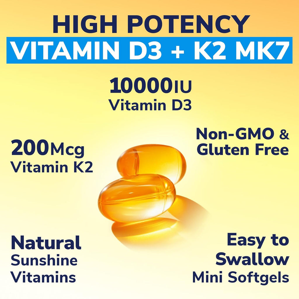 Vitamin D3 K2 Supplement, 10000 IU D3 / 200 mcg K2 MK7, Calcium Absorption, Bone, Heart, Immune & Mood Support, Enhanced Absorption, No Soy, Easy to Swallow, 300 Softgels