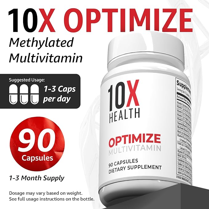 10X Health Optimize Multivitamin for Men - 90 Capsules, Methylated Multivitamin 34 in 1 Formula with 800 mcg of Vitamin B12, 5-MTHF, NAC - Methyl B Complex
