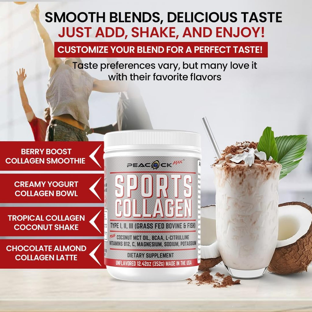 Sports Collagen Powder, 12.42 oz, Pack of 3 - Grass Fed Bovine & Wild Fish Hydrolyzed Type I, II, III Multi Collagen Peptides, Unflavored Protein Powder with BCAA, Magnesium & Electrolytes