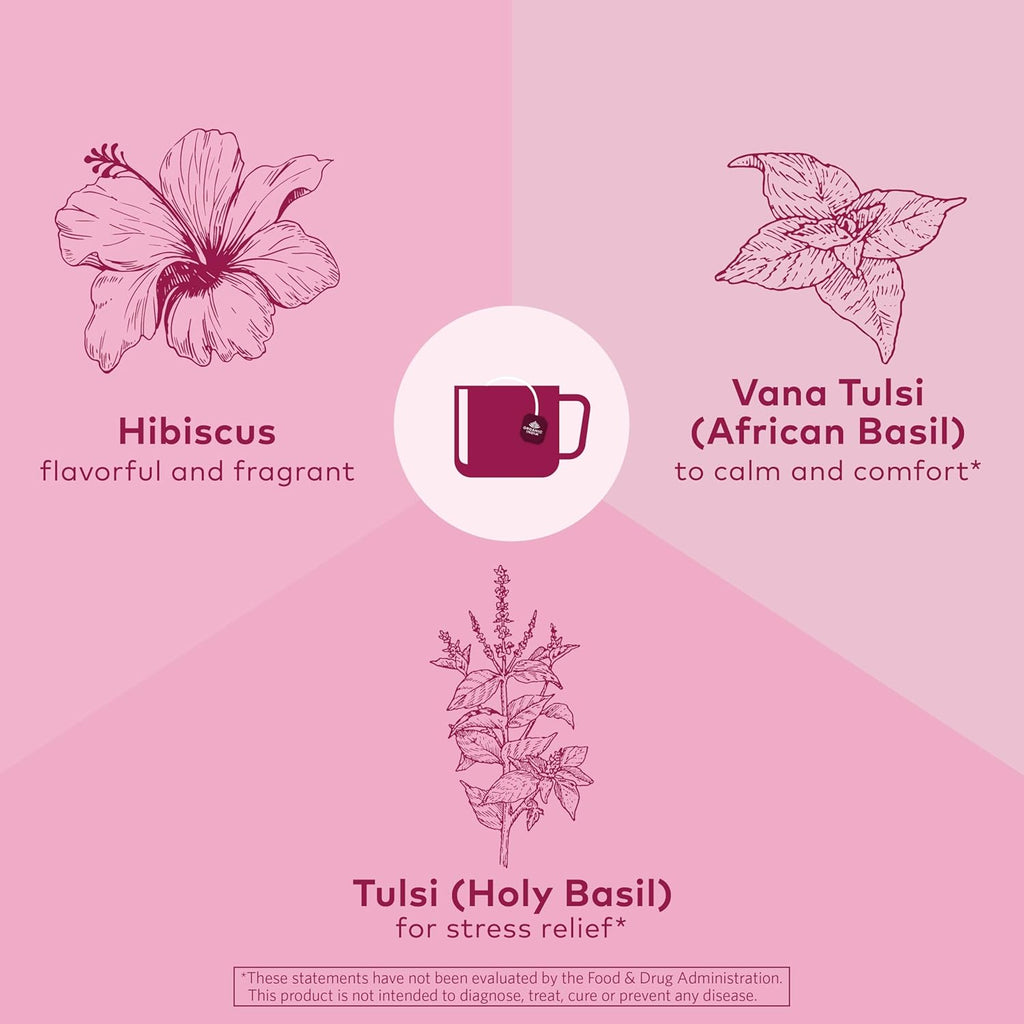 Organic India Tulsi Hibiscus Herbal Tea - Holy Basil, Stress Relieving & Gratifying, Immune Support, Adaptogen, Vegan, USDA Certified Organic, Non-GMO, Caffeine-Free - 18 Infusion Bags, 1 Pack
