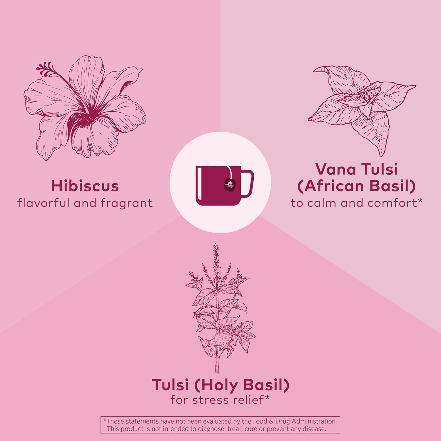 Organic India Tulsi Hibiscus Herbal Tea - Holy Basil, Stress Relieving & Gratifying, Immune Support, Adaptogen, Vegan, USDA Certified Organic, Non-GMO, Caffeine-Free - 18 Infusion Bags, 1 Pack