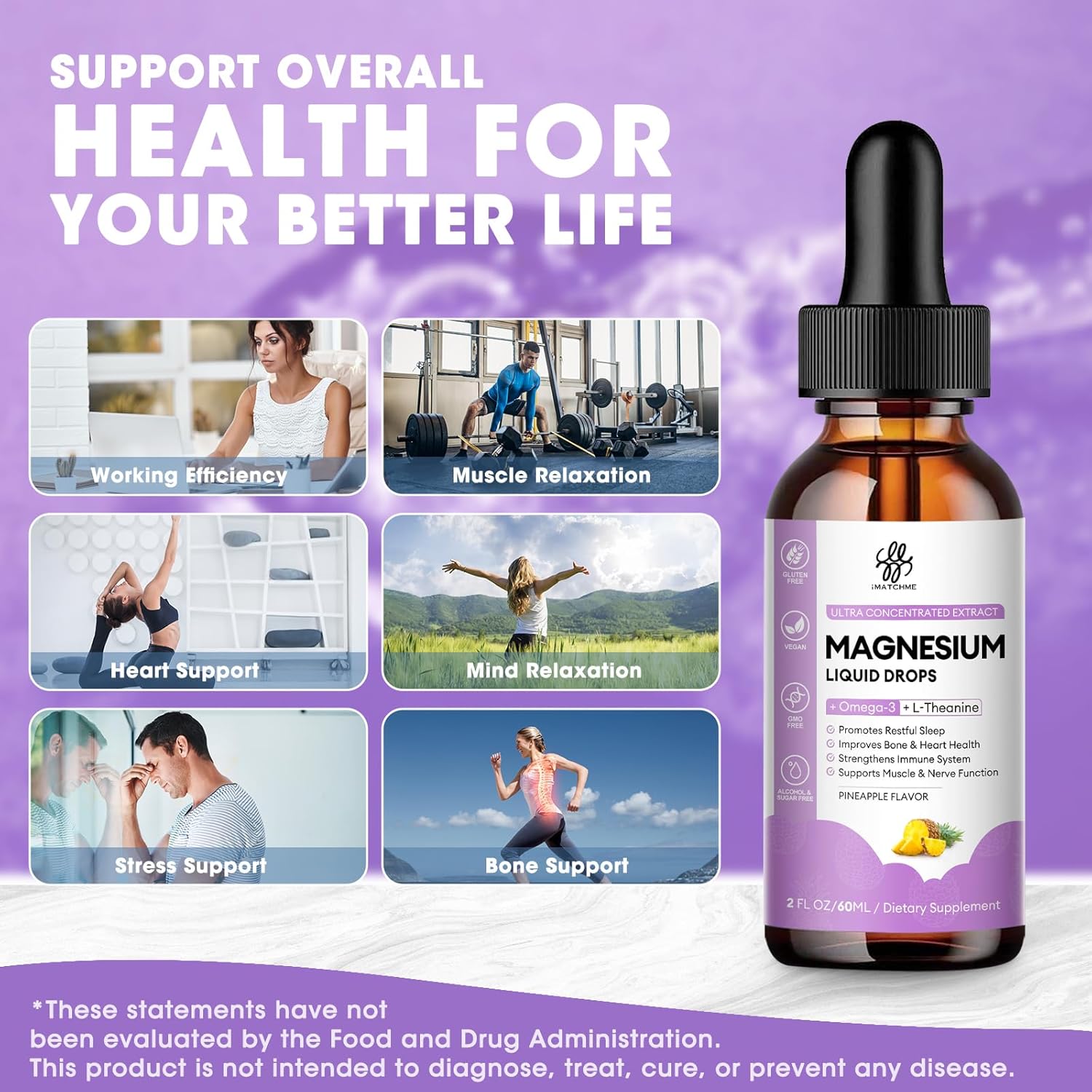 Magnesium Complex Liquid Drops, Magnesium Glycinate with Oxide, Taurate and Citrate, Calm Magnesium for Bone, Heart, Muscle, Sleep & Digestion, High Absorption, Pineapple Flavor, 2 Fl Oz