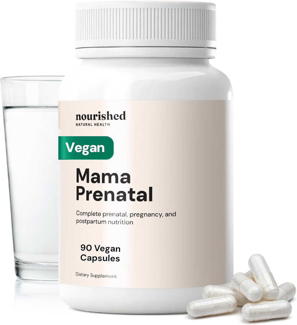 Nourished Mama Prenatal Multi Vitamin - Vegan Multivitamin for Preconception, Pregnancy, Postpartum and Breastfeeding Support - Iron-Free with Methylated Folate & High Dose Choline - 90 Capsules