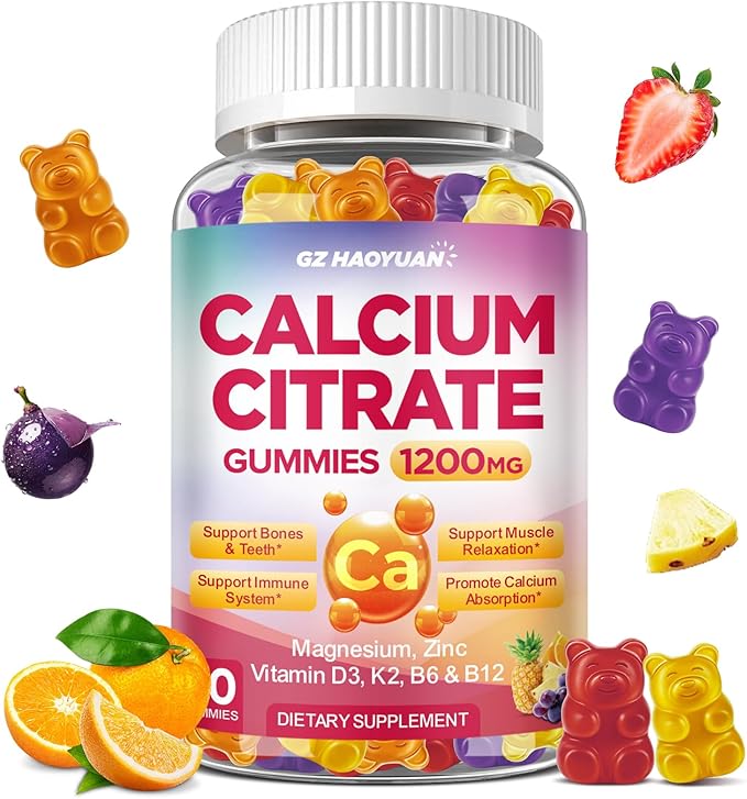Calcium Citrate Gummies - 1200mg Calcium Gummies Supplements for Women & Men with Vitamin D3, K2, Magnesium, Zinc High Absorption for Bone, Muscle & Immune Support, Fruit Flavor, 60 Count