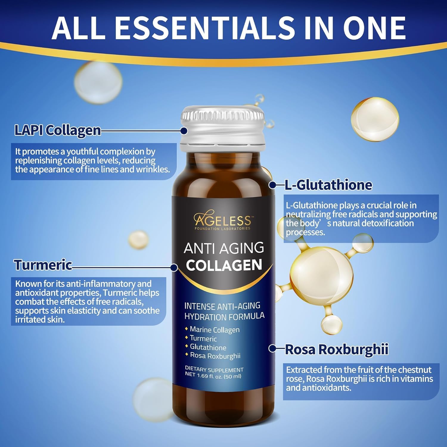 Ageless Ultra Anti Aging Liquid Collagen for Men & Women, Marine Collagen, Turmeric, Glutathione, and Rosa Roxburghii, Multi Vitamins, Skincare, Hydrating & Revitalizing Formula - 50 ml (30 Count)