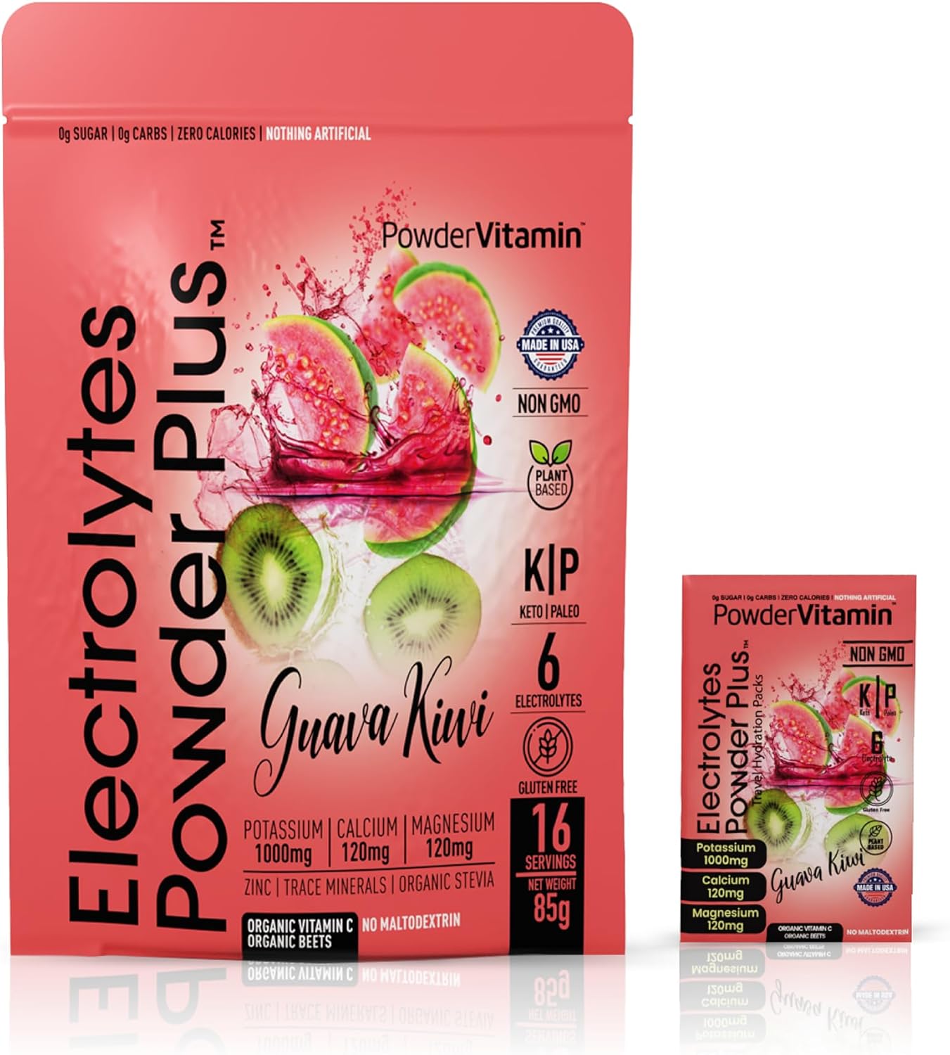 PowderVitamin Electrolytes Powder Plus, Keto, Guava Kiwi, Sugar Free, Pink Himalayan Salt, 1000mg Potassium, 120mg Calcium, 120mg Magnesium, Non-GMO, Zero Calories, (16 Hydration Packets)