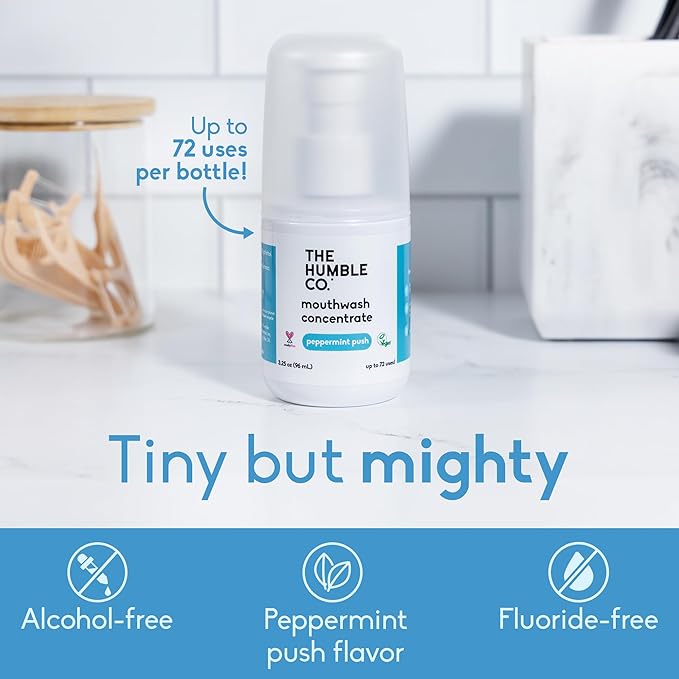 The Humble Co Mouthwash Concentrate for Bad Breath - Fluoride Free Natural Mouth Wash Rinse for Fresh Breath, Gum Health & Travel Size Dental Care & Oral Hygiene Products - Peppermint