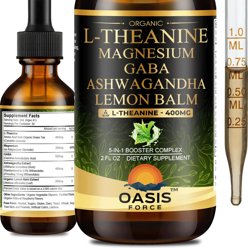 L Theanine 400mg Liquid Drops, L-Theanine Supplement for Adults & Kids with GABA, Magnesium & Ashwagandha, Natural Sleep, Focus & Relaxation Support, Vegan, Alcohol-Free, Non-GMO, 2 FL OZ
