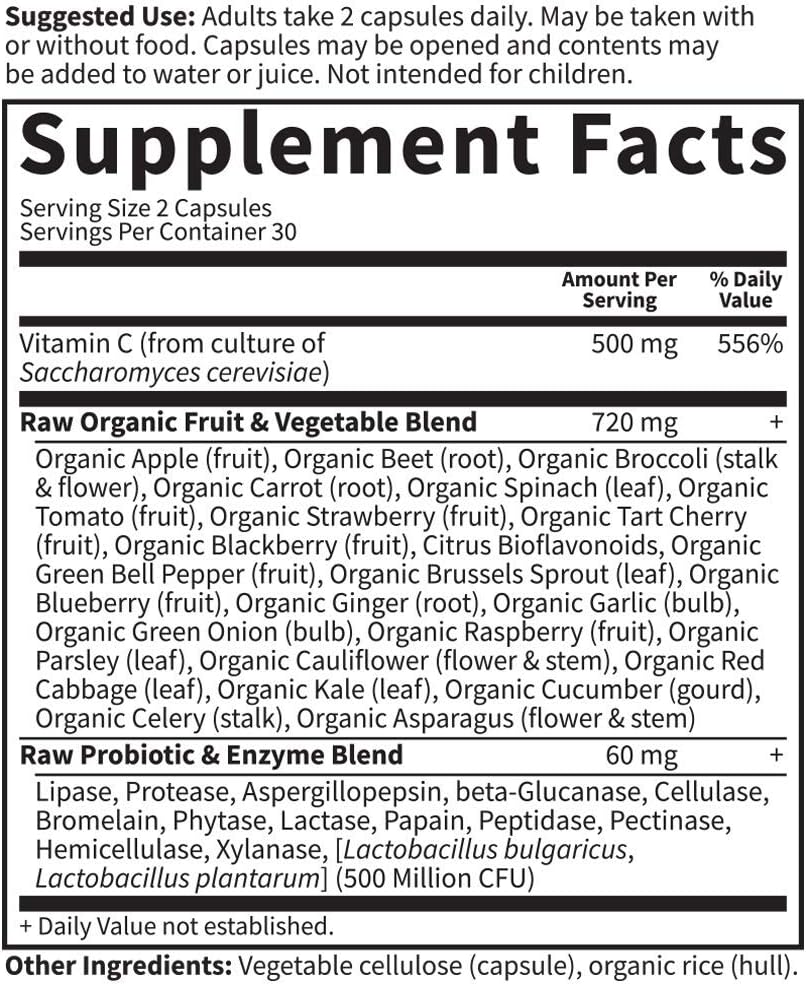 Garden of Life Whole Food Vitamin C Code Raw Capsules, 500mg, Fruit & Veggie Blend, Probiotics Supplements for Adults, Vegan, Gluten Free, Orange, 60 Count