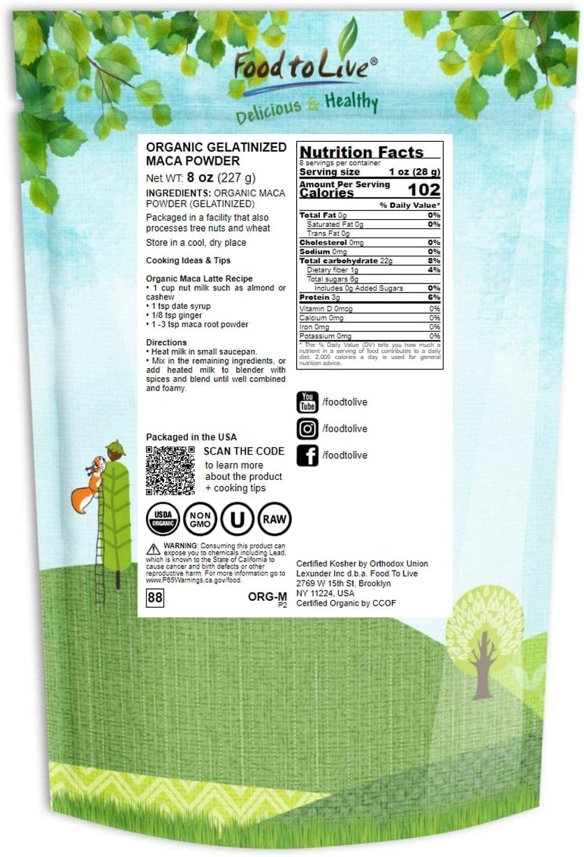 Food to Live Organic Maca Powder, 8 Ounces – Gelatinized, Non-GMO, Kosher, Vegan, Bulk