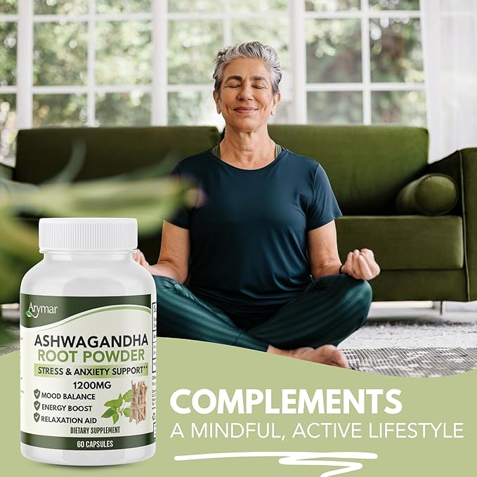 Arymar Ashwagandha Root Powder Capsules – 60 Capsules – Adaptogenic Herbal Supplement