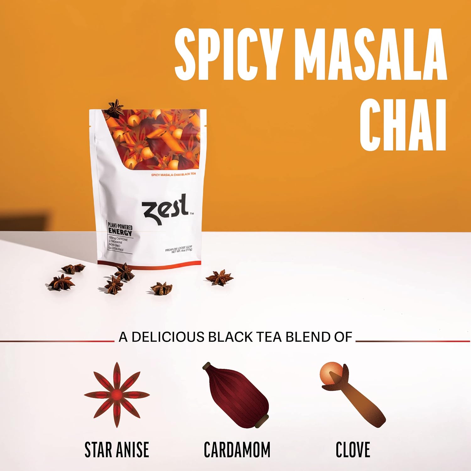 Zest 150mg High Caffeine Energy Loose Leaf Blend - Spicy Masala Chai Black Tea - 4 Oz - All Natural Strong Flavored Healthy Coffee Alternative Highly Caffeinated Substitute - Perfect for Keto Diet
