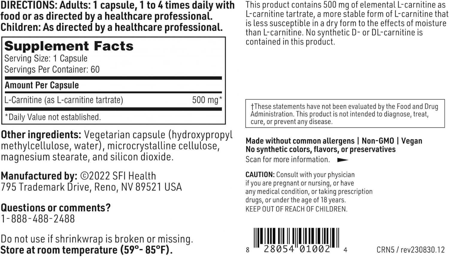 Klaire Labs SFI Health L-Carnitine Tartrate - 500 mg Amino Acid, Stabilized L-Carnitine - No Synthetic D-Carnitine (60 Capsules)