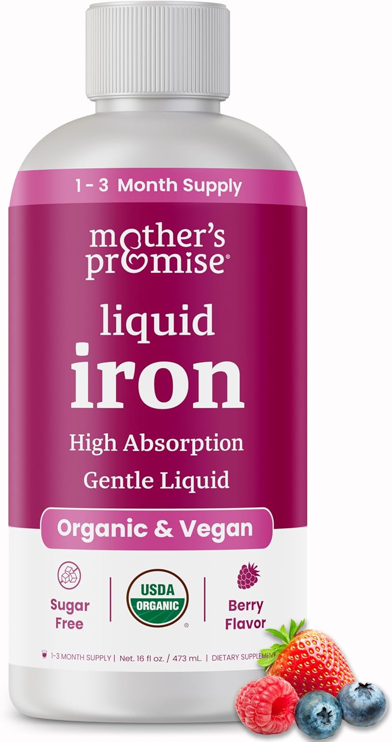 Organic Liquid Iron Supplement for Women, Men & Kids | Gentle Vegan Iron Supplements for Energy, Healthy Blood & Prenatal | Non Constipating, Sugar-Free Natural Berry Flavor, Ferrochel® & Vitamin C