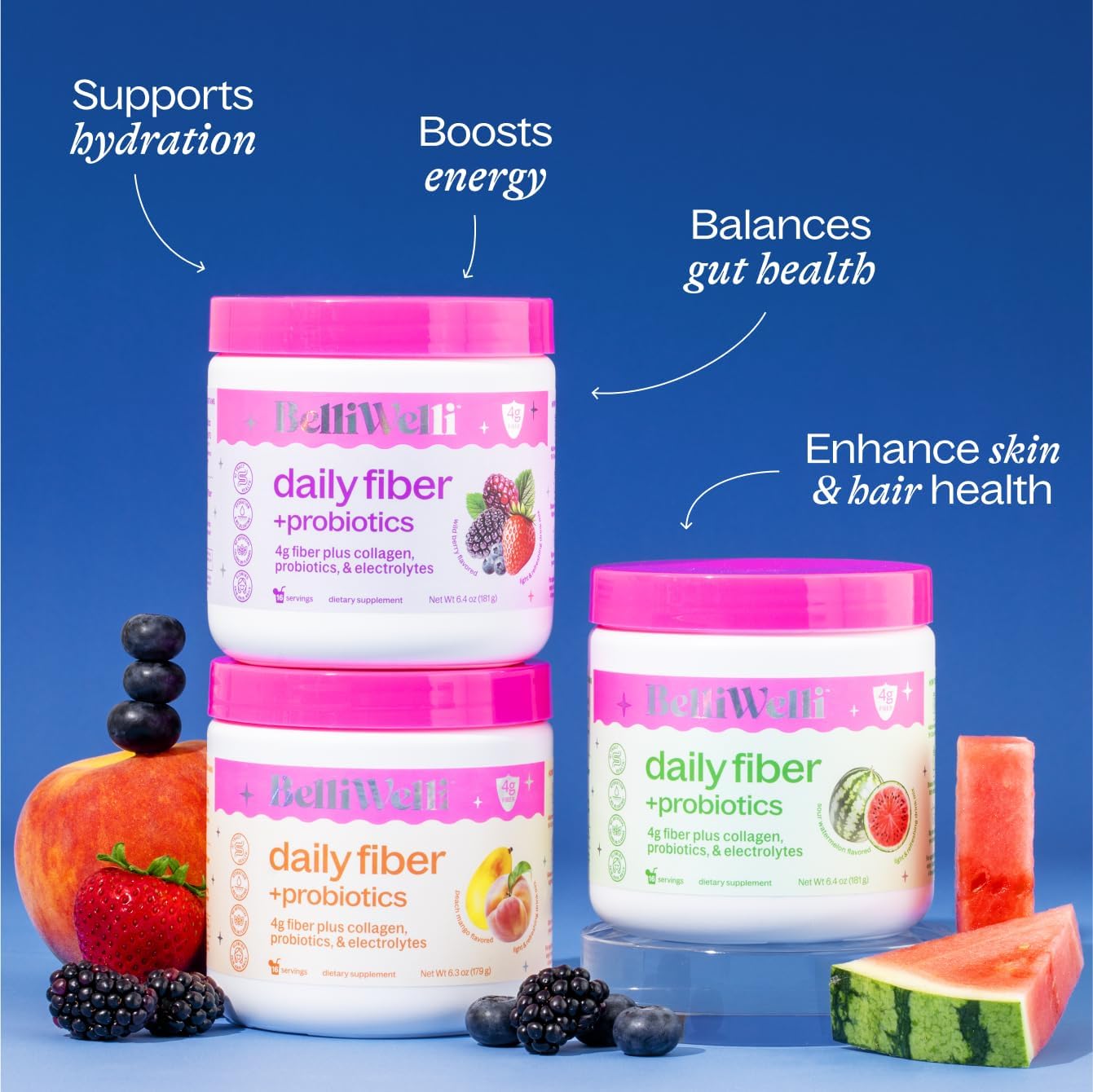 Fiber Supplement for Women & Men – Premium Daily Fiber Powder from Organic Acacia with Added Collagen, Electrolytes & Probiotics – No Bloat, Constipation & Gut Health Support (Watermelon)